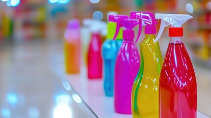 Collection of brightly colored disinfectant spray bottles lined up for cleaning and household use