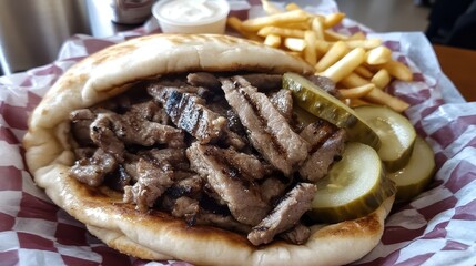 Delicious Lebanese Shawarma Sandwich with Lamb, Pickles, and Fries