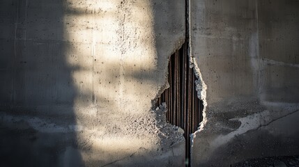 Cracked concrete pillar with a gaping hole revealing exposed steel rebar reinforcement