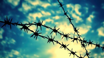 Close up of sharp barbed wire fencing against a dramatic cloudy sky with a sense of restriction and danger