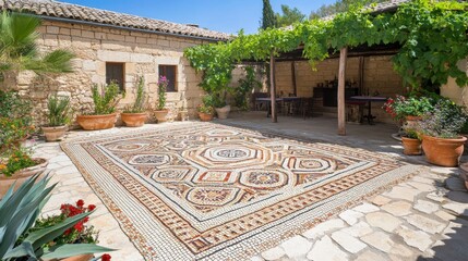 Obraz premium An intricately patterned ancient mosaic floor lies in a sunny courtyard surrounded by stone walls and lush greenery