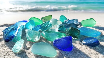 Collection of smooth sea worn glass fragments in various shades of blue and green resting on a sandy beach with ocean waves in the background