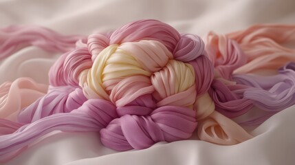 Close up of a delicately crafted textile object with layered fabric in pastel shades of pink purple and yellow