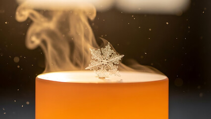 Extreme macro close-up photograph featuring a delicate clear artificial snowflake perched upon a brightly illuminated, warm orange cylindrical surface generating visible steam or vapor plumes in the d