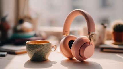 Headphones and ceramic coffee mug on wooden desk