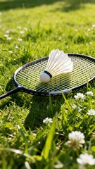 Generative AI: Shuttlecock and Tennis Racket on Lush Green Grass