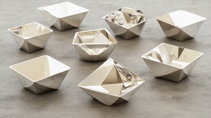 Collection of polished silver metal geometric containers in various angular shapes and forms on a textured gray surface