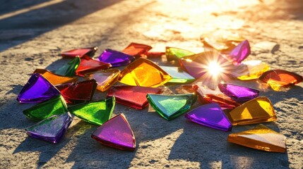 Colorful shards of ceramic tiles scattered in sunlight