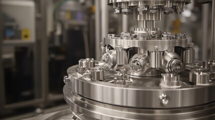 Detailed view of complex gleaming stainless steel industrial machinery with interlocking mechanisms in a laboratory setting