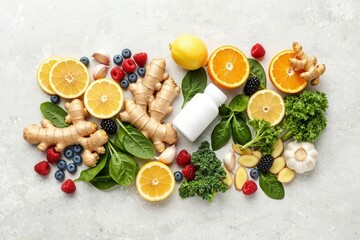 Overhead View of Immunity-Boosting Foods and Supplement Bottle on a Light Grey Background