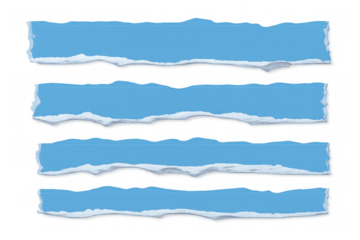 Blue ripped paper banners with texture, torn edges, and crumpled scraps on transparent background for design elements