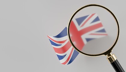 flag of united kingdom with magnifying glass over the top, plain background
