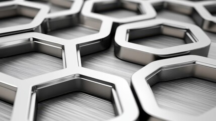 Gleaming hexagonal metallic shapes interlocking in a geometric pattern with clean polished texture and reflections