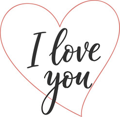Expressive hand-lettered 'I love you' message encapsulated within a delicate red heart outline, symbolizing romance and deep affection