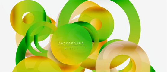 Abstract colorful lines, circles, shapes create modern background. Gradient yellow, green hues dominate design. Minimal text present.
