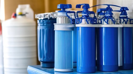 Close up view of several blue and white water purification filter systems with integrated filters ready for use in a household