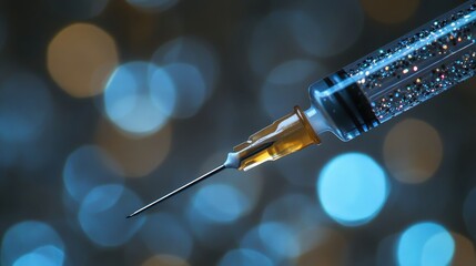 Closeup of a sharp sterile medical needle tip protruding slightly from a healthcare syringe with blurred bokeh lights in the background