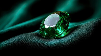 Emerald gemstone with reflective facets on dark green fabric  