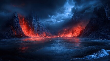 Dramatic fiery volcanic landscape with glowing red lava illuminating jagged rock formations under a dark stormy sky above a vast ocean