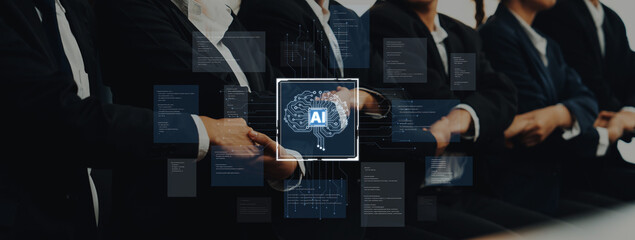 A group of business professionals discussing artificial intelligence technology, highlighting innovation and data analysis with a digital interface in a corporate setting. Trope