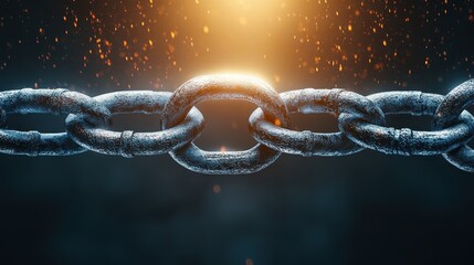 Interlocking heavy silver chain links with warm glowing embers and dramatic light effects