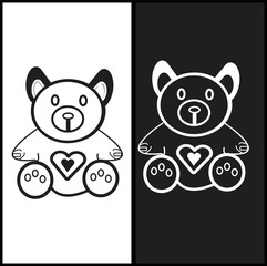A set of two minimalist teddy bear icons featuring a heart on the chest, shown in high-contrast black and white outlines. Perfect for children's graphics, Valentine's Day themes, app icons, logos.