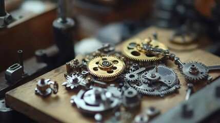 Intricate clockwork mechanisms crafted from polished metal components and brass gears arranged on a textured wooden surface