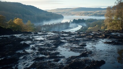 Fototapeta premium Decomposed organic matter forming a thick layer on a wet dark brown earth ground with misty hills and a river in the distance