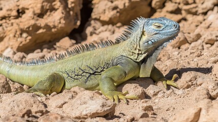 Obraz premium Green Iguana Basking on Sunbaked Rock With Textured Scales