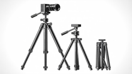 Black and white technical drawing of three professional camera tripods, adjustable legs, ball head mounts, mechanical joints,  minimalistic white background, engineering style illustration.