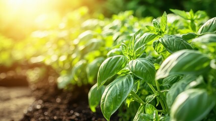 Healthy basil plants flourishing in a sunlit garden