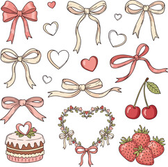 Charming hand-drawn collection featuring elegant decorative bows, sweet dessert elements, fresh fruits, and lovely heart accents, perfect for whimsical designs and celebratory graphics