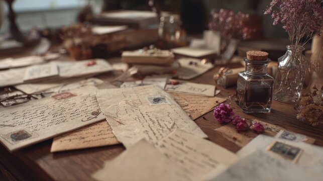 A collection of love letters and postcards scattered on a vintage table, surrounded by small trinkets and dried flowers, 8k, realistic, full ultra HD, high resolution, cinematic photography