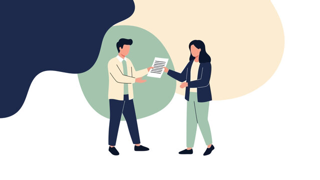 Business partners exchanging documents, collaboration, teamwork, modern flat illustration.