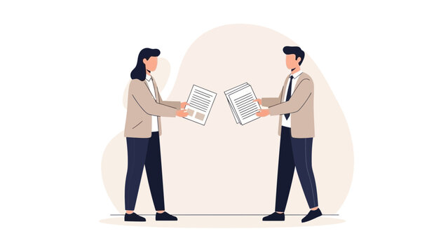 Business partners exchanging documents, conceptual flat illustration of teamwork and communication.