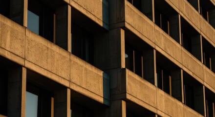 Close-up view of a modern concrete building's facade, showcasing geometric patterns and the interplay of light and shadow.  Sunlight highlights the texture of the building's surface