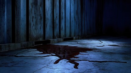 Dark Glistening Viscous Blood Liquid Slowly Oozing Onto Cracked Concrete Floor With Vertical Walls