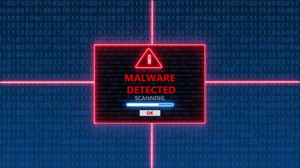 Red alert screen displays MALWAREDETECTED with scanning progress bar and OK button on a binary code background - Powered by Adobe