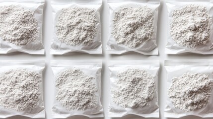 Four sealed clear pouches of white electrolyte replacement powder arranged neatly on a clean background for hydration and energy