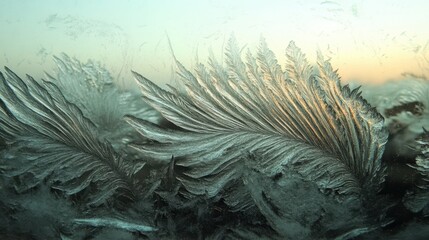 Intricate frost patterns form delicate crystalline designs on a cold window surface during winter