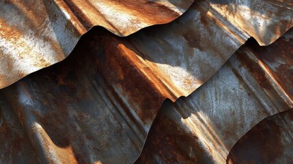 Corrugated metal roofing sheets twisted and rusted showing textural detail