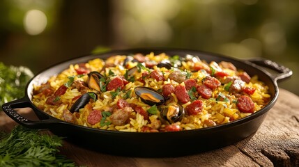 Delicious Paella Dish with Chorizo and Mussels Served in Pan