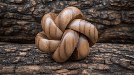Intricately carved wooden knot puzzle object with interlocking pieces showcasing detailed grain texture on a natural wood background
