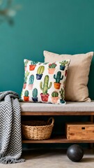Generative AI vibrant cactus-themed decorative throw pillows arrangement cozy living space.