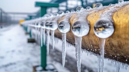 Frozen water droplets cling to a metallic pipe creating icicles in the cold winter weather