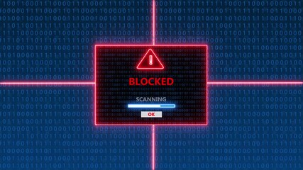 Digital Warning Screen Showing Blocked Status with Binary Code Background and Red Neon Border alert scan - Powered by Adobe