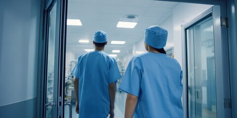 Medical professionals entering hospital ward in scrubs