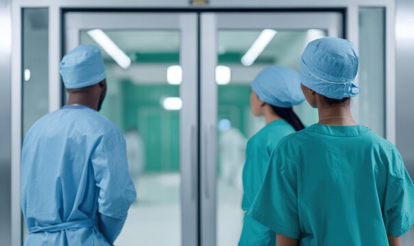 Healthcare professionals in scrubs entering sterile hospital room - Powered by Adobe