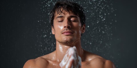 Young caucasian male enjoying shower with water droplets