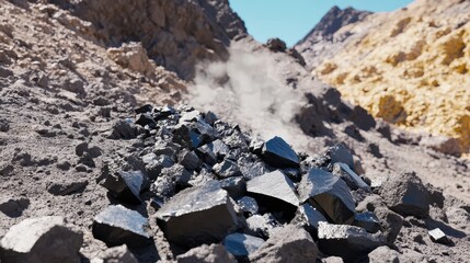 Jagged shards of dark obsidian glass scattered across a rocky mountain slope with dust rising